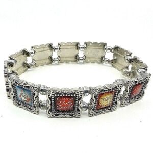 Bracelet Vintage Silver Tone Religious Saint Stretch Catholic Icon Charm Retro